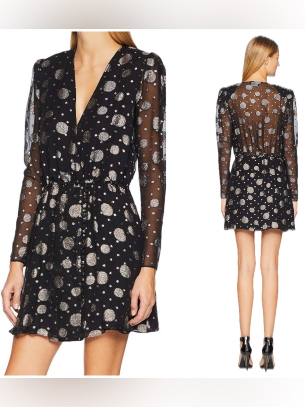 The Kooples Tutti Fruitti SILK Blend Black Dress w Gold/Pink Metallic Dots NWT
